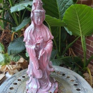 Beautiful and Large Quan Yin Statue with Rose Quartz crystals